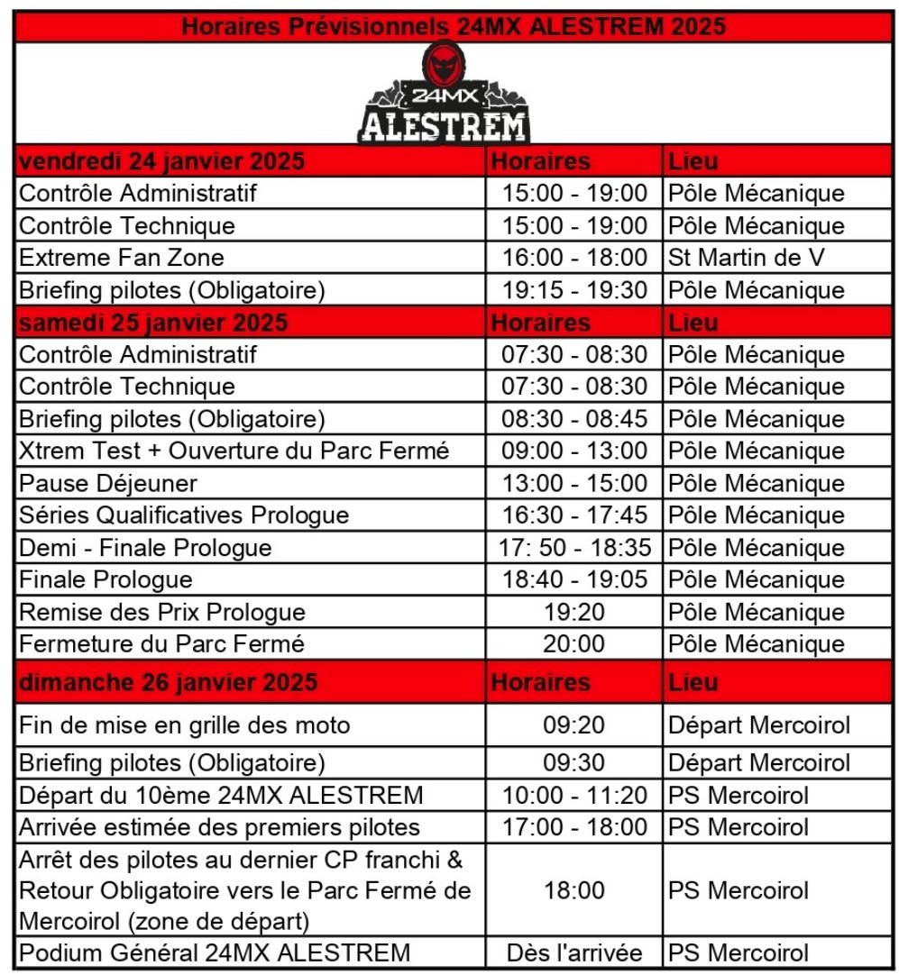 Horaires prévisionnels Alestrem 2025