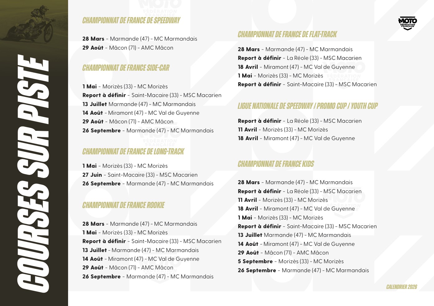 Calendrier FFM 2026 Filière Course sur Piste