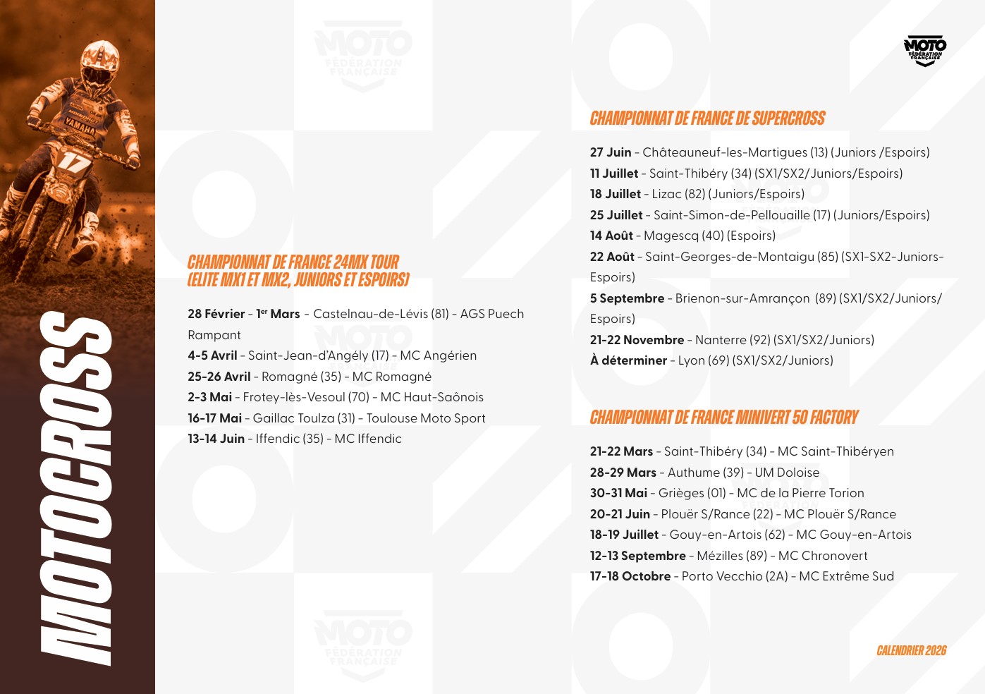 Calendrier FFM 2026 de la filière Motocross