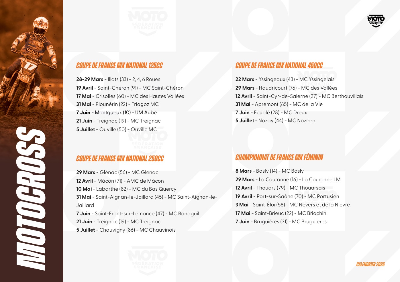 Calendrier FFM 2026 de la filière Motocross