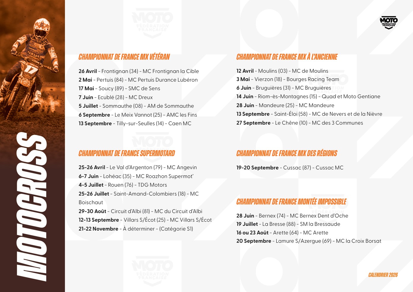 Calendrier FFM 2026 de la filière Motocross