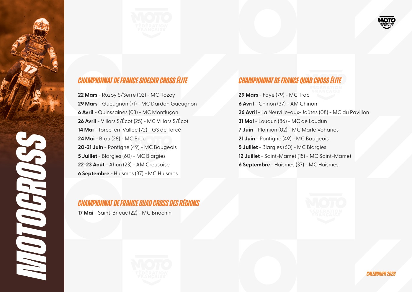 Calendrier FFM 2026 de la filière Motocross