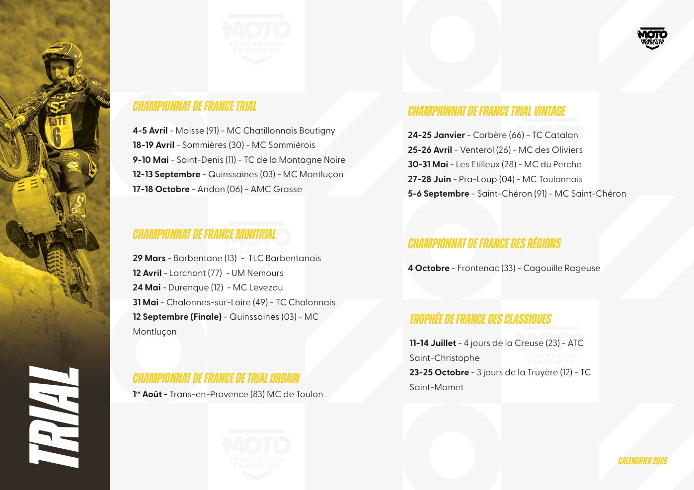 Calendrier FFM 2026 de la filière Trial