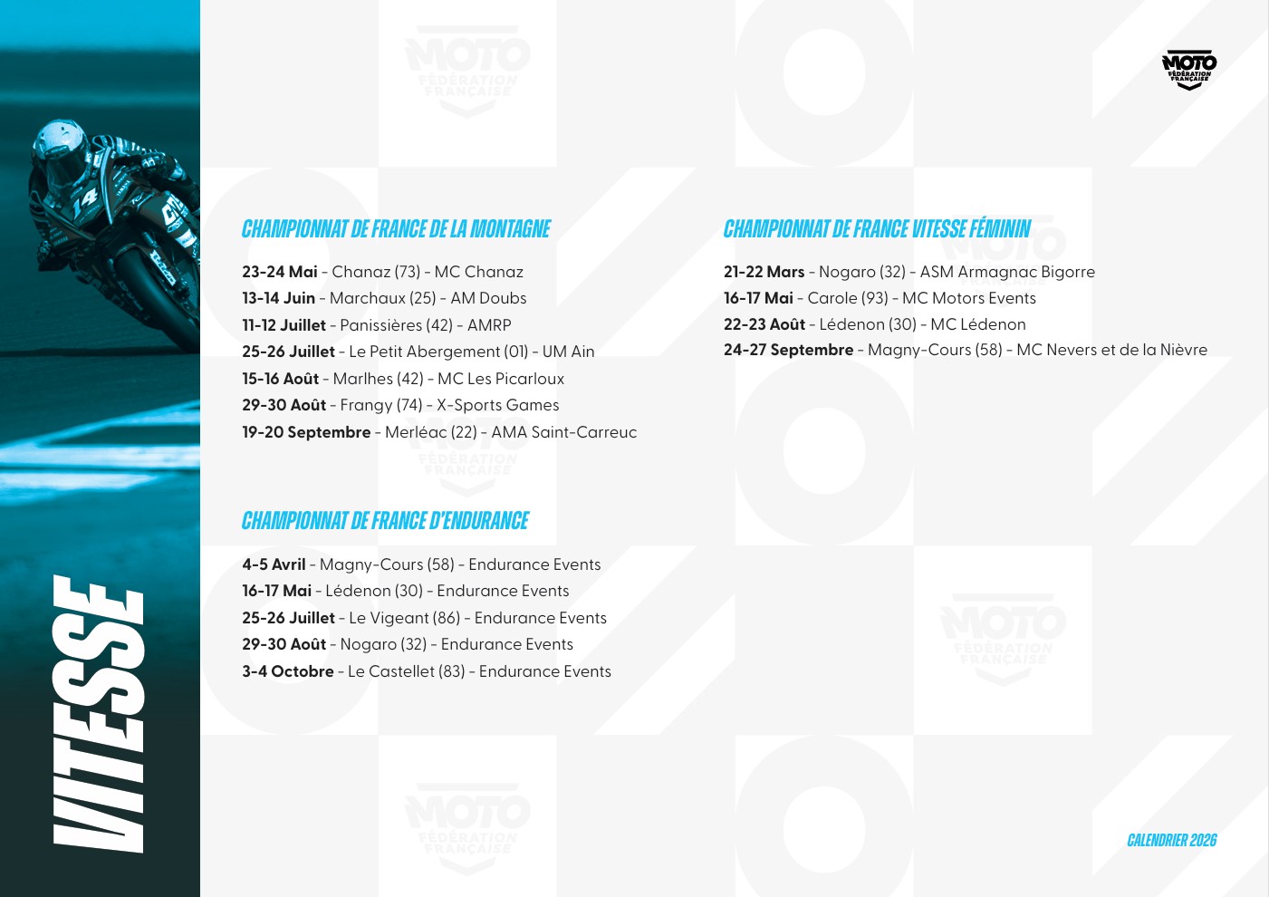 Calendrier FFM 2026 de la filière Vitesse