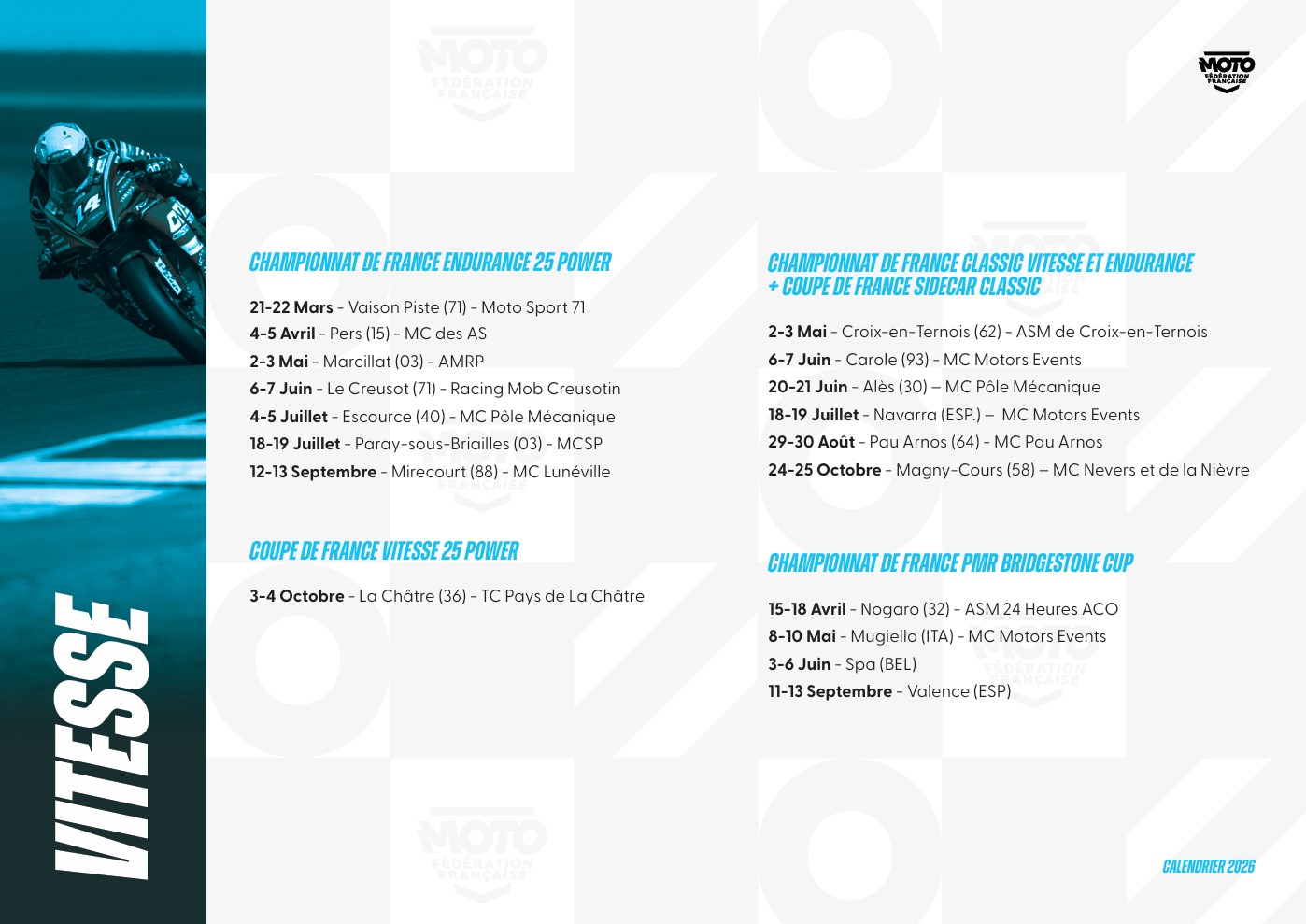 Calendrier FFM 2026 de la filière Vitesse