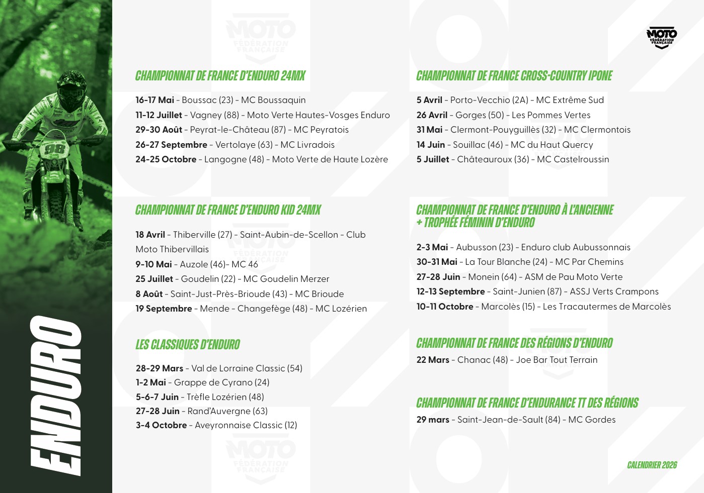 Calendrier FFM 2026 de la filière Enduro